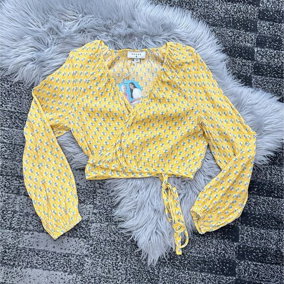 RHODE Women's Dainty Lotus Print Wrap Top Yellow‎ Turquoise Size Medium NWT - Picture 2 of 5
